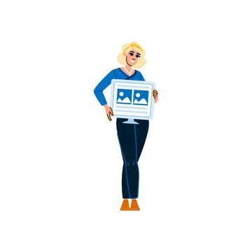 Web designer holding computer screen showing photo gallery Stock-Illustration