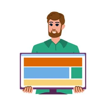 Web designer holding computer screen showing website layout Illustrazione stock