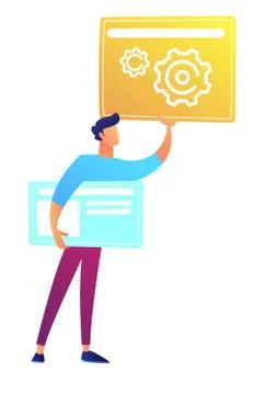 Web designer holding web pages with gears and lines vector illustration. イラスト素材