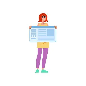 Web designer holding website interface layout wireframe window Ilustración de archivo