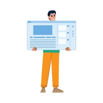 Web designer holding website layout wireframe showing structure and content Illustrazione stock