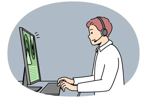 Web-Designer mit Headset arbeitet am Computer. Web designer in headset wor... Foto stock