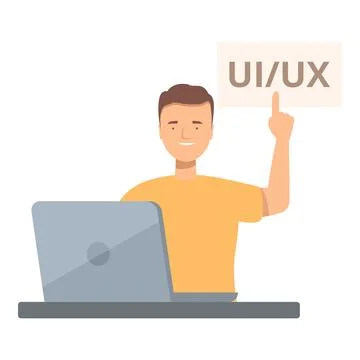 Web designer pointing at uiux sign while working on laptop Stockillustratie