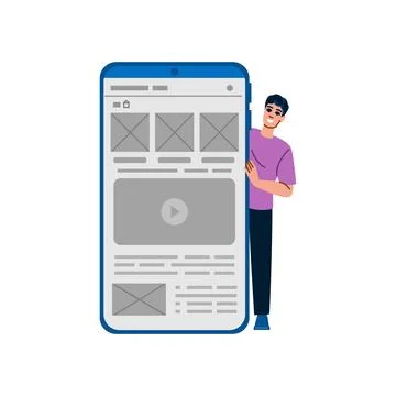 Web designer presenting website template on smartphone screen Illustrazione stock