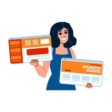 Web designer showing different website interface layouts 스톡 일러스트