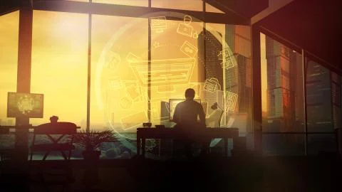 Web designer silhouette at work on infographic background. Illustrazione stock