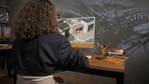 Web designer sits and works at his computer creating a layout in office Stock Footage 223123401