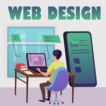 Web designer sitting at table and working flat style, vector illustration Stock Illustration