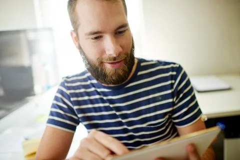 Web designer, solution or man on tablet in startup for software system or o.. Fotos Stock