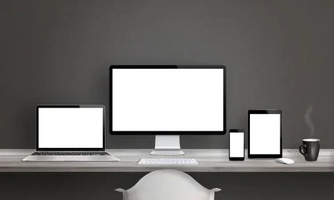 Web designer studio with different devices. Modern devices with isolated, bla Foto stock