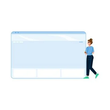 Web designer walking and looking at big website landing page Stockillustratie