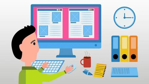 Web designer work on computer. Illustrazione stock