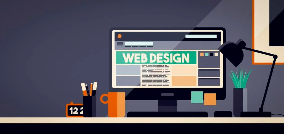 Web designer work desktop with computer Stock Illustration