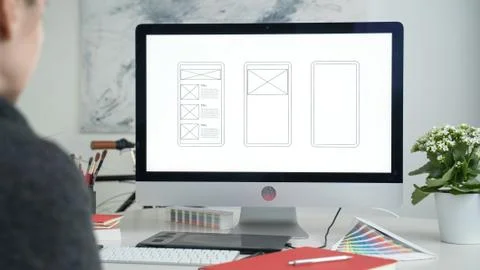 Web designer at work. Graphic designer. Mobile application design. Designer Stock Photos