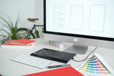 Web designer at work. Graphic designer. Mobile application design. Designer Stock Photos