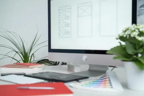 Web designer at work. Graphic designer. Mobile application design. Designer Stock Photos