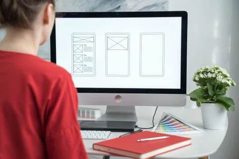 Web designer at work. Graphic designer. Mobile application design. Designer Stock Photos