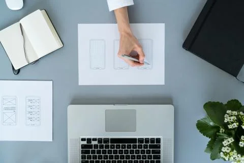 Web designer at work. Graphic designer. Mobile application design. Designer desk Stock Photos