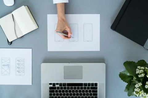 Web designer at work. Graphic designer. Mobile application design. Designer desk Stock Photos