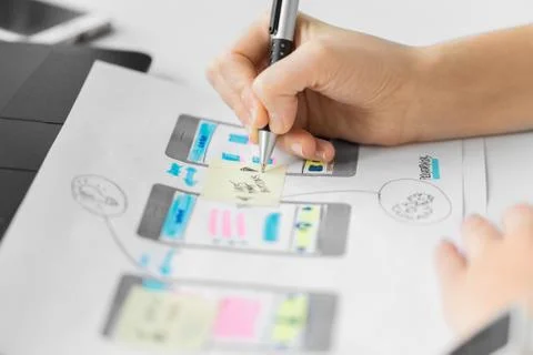 Web designer working on user interface wireframe Foto stock