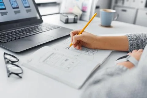 Web designer working on user interface at office 스톡 사진