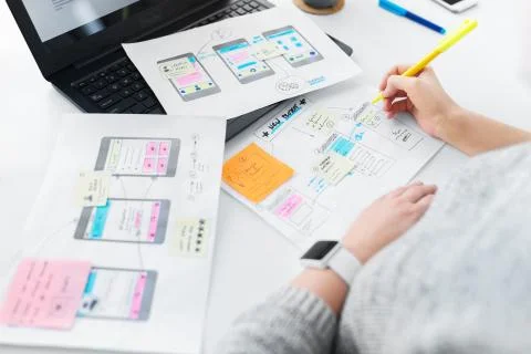 Web designer working on user interface at office 스톡 사진