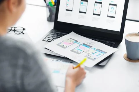 Web designer working on user interface at office 스톡 사진