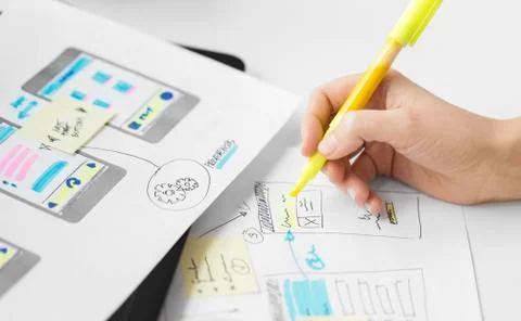 Web designer working on user interface wireframe Foto stock
