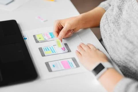 Web designer working on user interface wireframe Foto stock