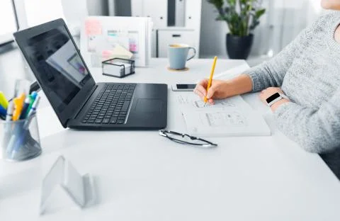 Web designer working on user interface at office 스톡 사진