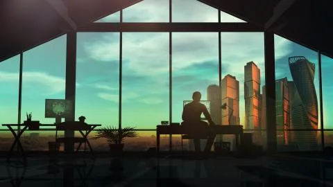 Web designer works in an office with a panoramic window. Illustrazione stock