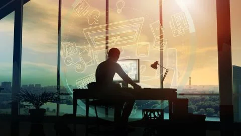 Web designer works in the studio in the evening Illustrazione stock