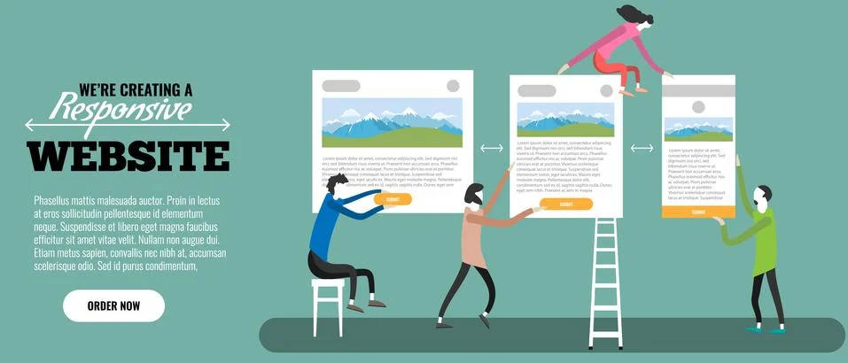 Web designers creatign responsive website. Tiny people making site. Vector Ilustración de archivo