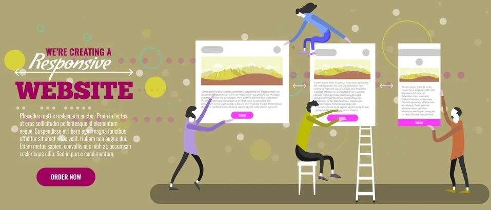 Web designers creatign responsive website. Tiny people making site. Vector Stock Illustration