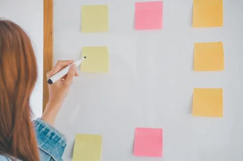 Web designers creating planning and analyzing with Colorful sticky notes on.. Stock Photos