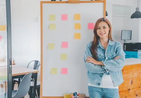 Web designers creating planning and analyzing with Colorful sticky notes on.. Stock Photos