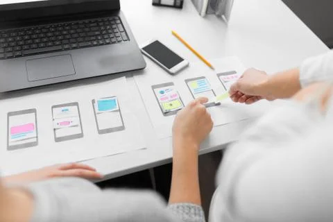Web designers creating user interface layout 스톡 사진