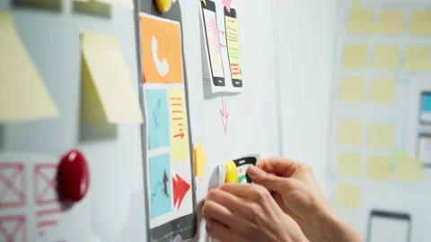 Web designers develop app sketches with a smartphone. A team of creative people  Stock Footage 147037095