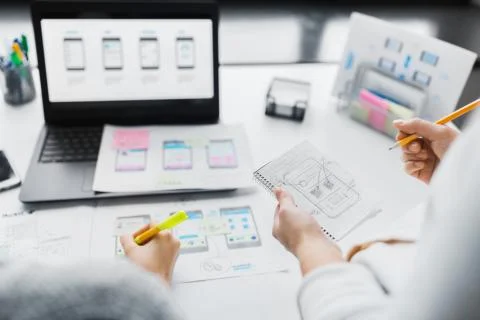 Web designers working on user interface project Foto stock