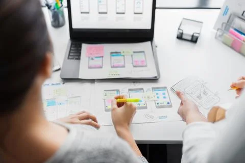 Web designers working on user interface project Foto stock