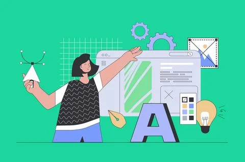 Web designing concept in modern flat design. Woman creating new interface lay Stock Illustration