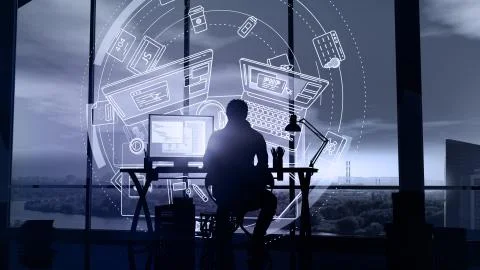 Web developer and infographics in augmented reality. Stock Illustration