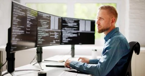 Web Developer Coding On Computer Stockfoto's