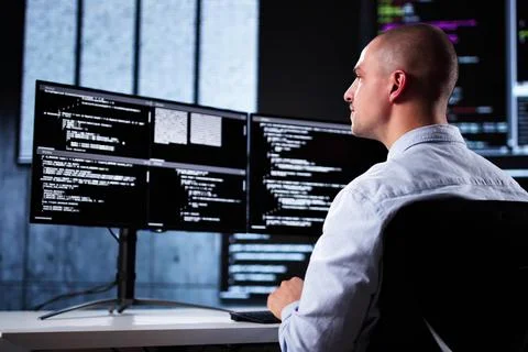 Web Developer Coding On Computer Stockfoto's