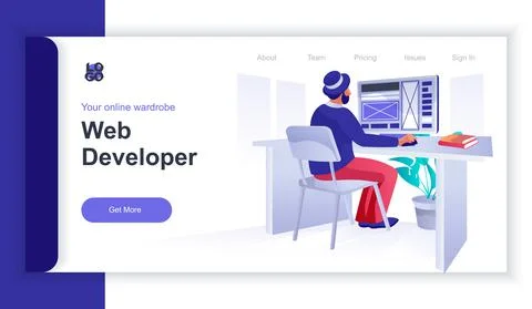 Web developer concept 3d isometric web banner with people scene. Man works at Stockillustratie