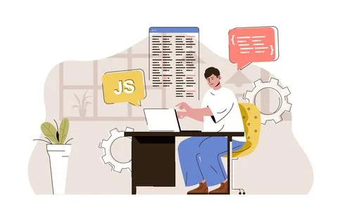 Web developer concept. Designer develops site, writes code, creates layout Stock Illustration