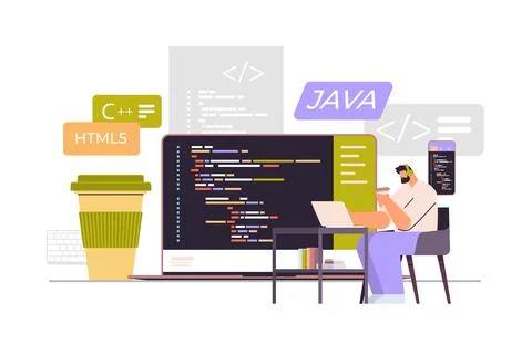 Web developer creating program code on laptop screen development of software and Stock Illustration