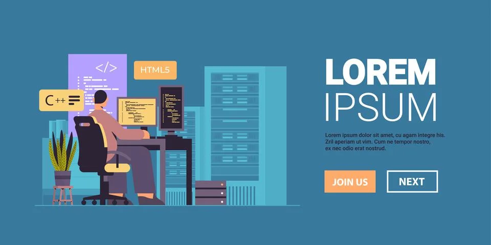 Web developer creating program code on computer monitor development of software Stock Illustration