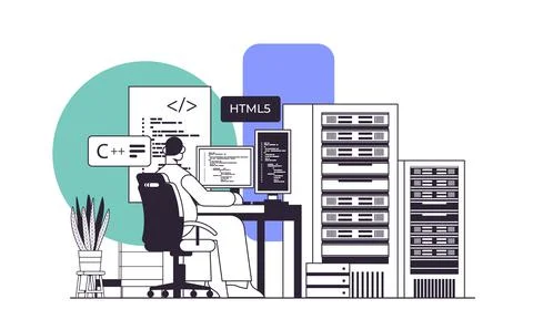 Web developer creating program code on computer monitor screen development of 스톡 일러스트