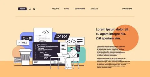 Web developer creating program code on laptop screen development of software and Stock Illustration